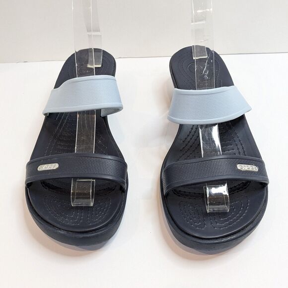 Crocs Madeira Wedge Slide Sandals Women's 9 Navy Blue Light Blue 2-Strap Comfort - Picture 3 of 14